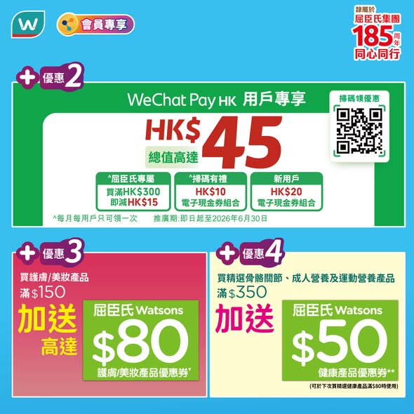 屈臣氏WeChat Pay優惠及護膚健康產品優惠券海報